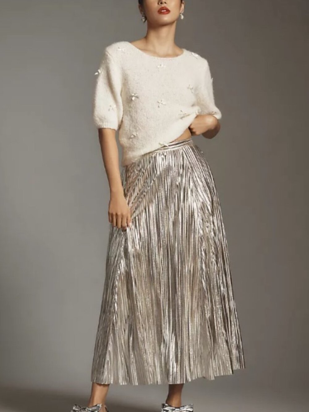 Anthropologie) Silver Metallic Pleated Midi Skirt